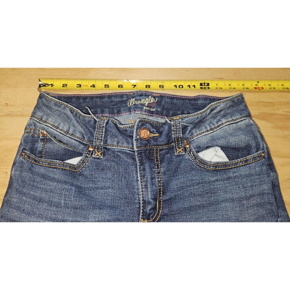 Wrangler Retro Jeans Womens 28x30 Blue  Wash Slim flare Leg Boot Cut distressed - Picture 6 of 12